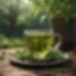 Green tea leaves in a serene garden setting