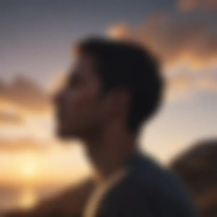 Silhouette of a person looking towards the horizon with a positive mindset