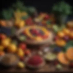 A vibrant display of gut-friendly foods, showcasing colorful fruits, vegetables, and whole grains.