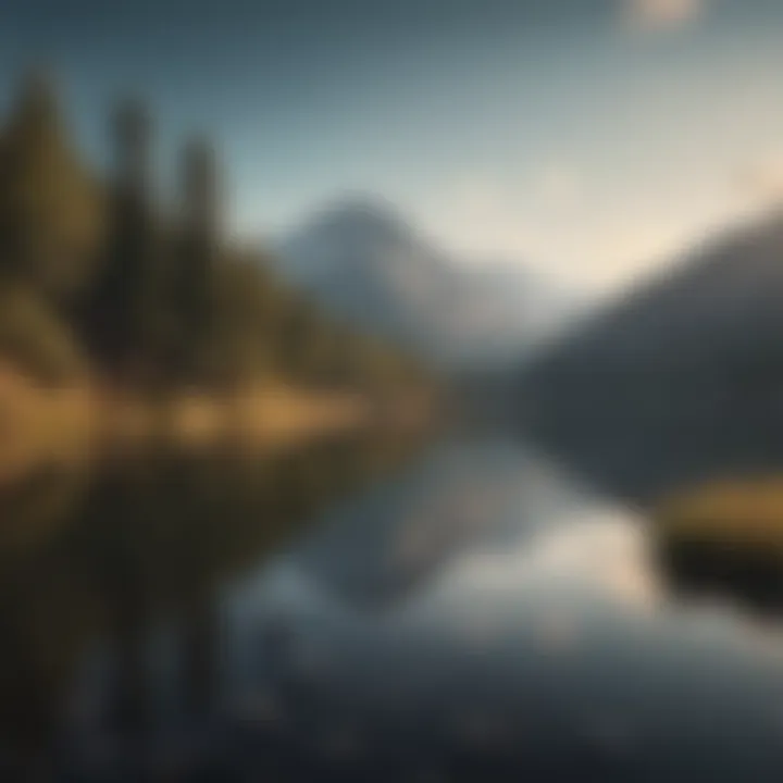 A serene landscape with mountains and a calm lake reflecting the sky