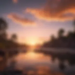 A vibrant sunset over a serene landscape symbolizing tranquility and reflection.