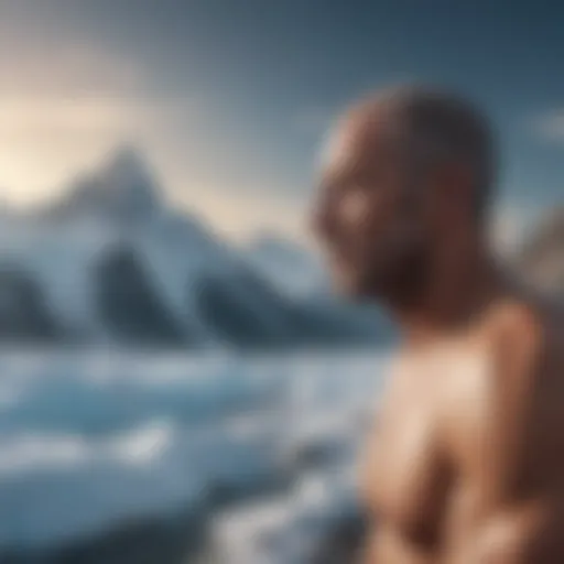 Illustration of a serene mountain landscape with a figure practicing the Iceman breathing technique