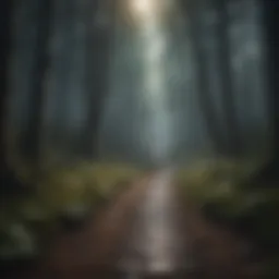 Illuminated path through dark forest