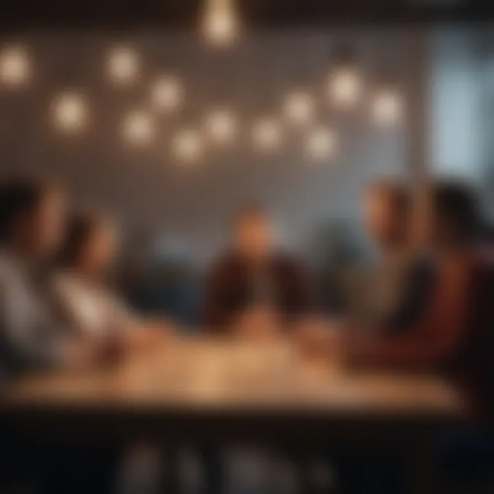 A group engaged in a thoughtful discussion, surrounded by lightbulbs representing ideas