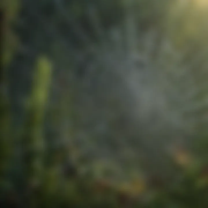 Close-up of a delicate spider web covered in morning dew