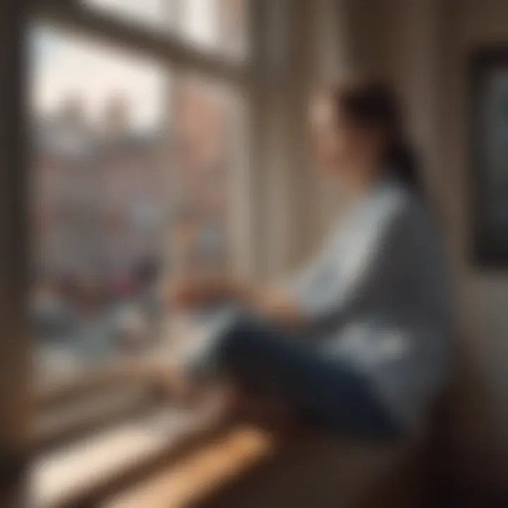 A thoughtful individual sitting by a window, contemplating while journaling