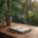 A serene nature scene with a journal and pen resting on a wooden table