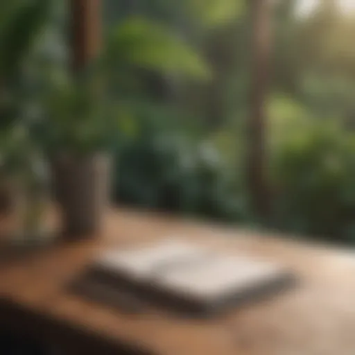 A serene nature scene with a journal and pen resting on a wooden table