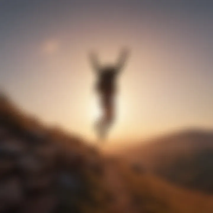 Silhouette of a person jumping with joy on a hilltop