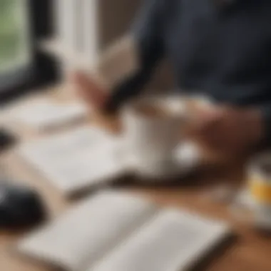 A reader immersed in a self-help book, surrounded by notes and a cup of tea.