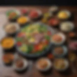 Colorful spread of low carb meals including salads and proteins