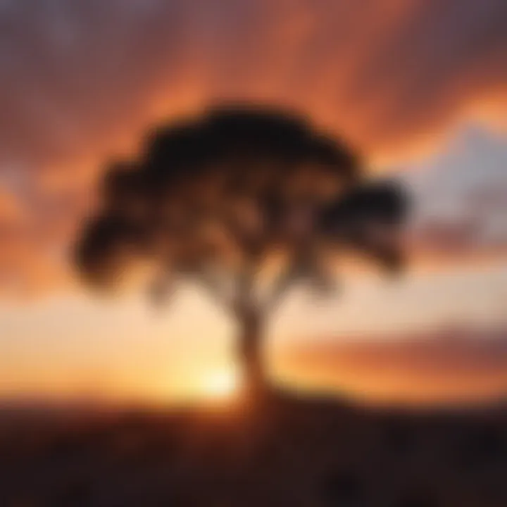 Silhouette of a lone tree against a vibrant sunset sky