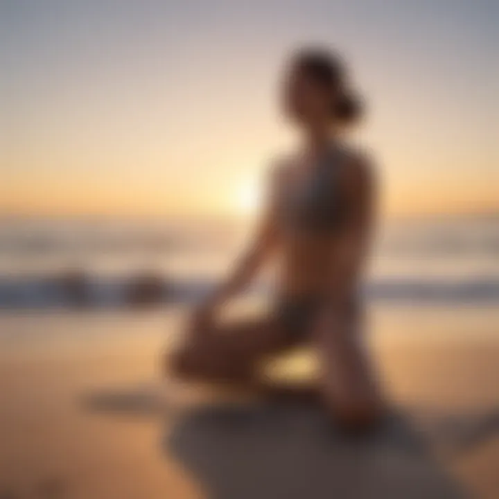 Person practicing yoga by the beach at sunrise