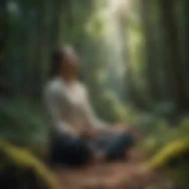 Person meditating in a lush forest setting