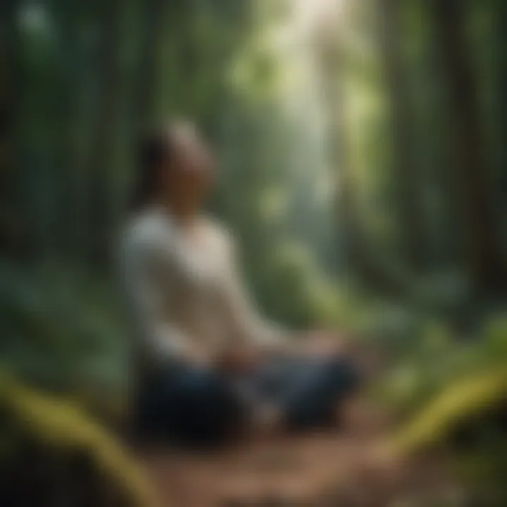 Person meditating in a lush forest setting