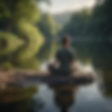 Artistic representation of a person meditating by a tranquil lake