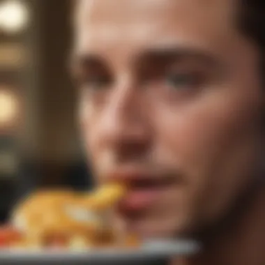 Close-up of a person enjoying a meal slowly, savoring each bite with a reflective expression.