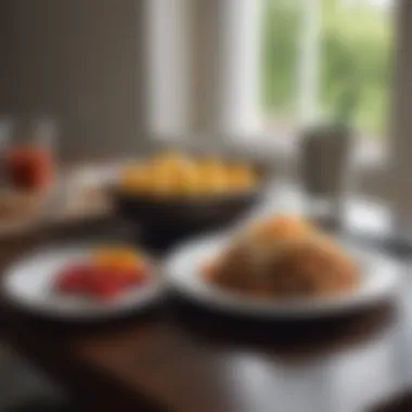 A peaceful setting with a journal and a pen beside a plate of food, symbolizing reflection on eating habits.