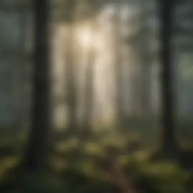 Misty forest with sunlight filtering through trees