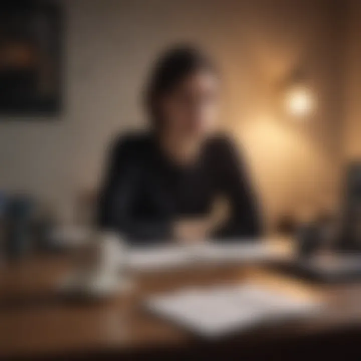 A person contemplating at a desk with notebooks and a cup of coffee