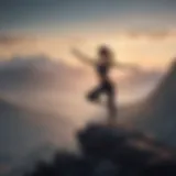 Silhouette of person practicing morning yoga on a mountain peak