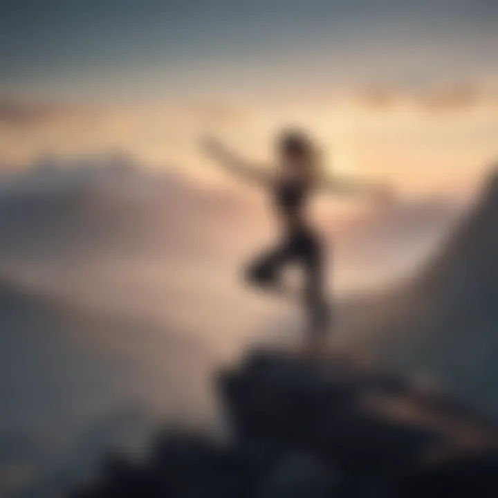 Silhouette of person practicing morning yoga on a mountain peak