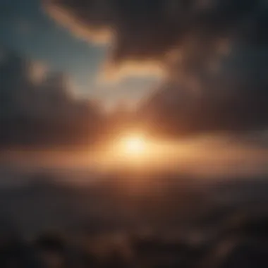 Sunrise of Hope in Sadness Artistic depiction of a sunrise breaking through dark clouds as a symbol of hope amid sadness