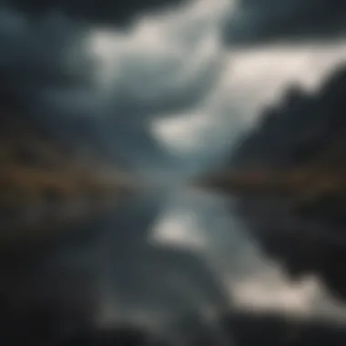 Contemplative Landscape of Sadness A serene landscape reflecting inner turmoil with dark clouds overhead.