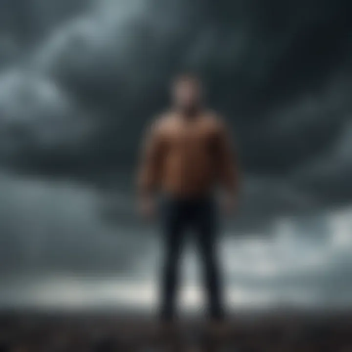 A person standing strong amidst dark clouds, depicting resilience