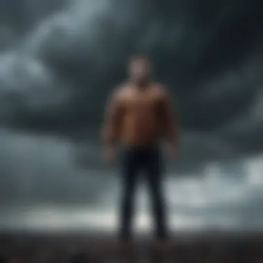 Resilience in the Face of Adversity A person standing strong amidst dark clouds, depicting resilience
