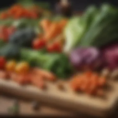 An assortment of colorful vegetables on a wooden cutting board