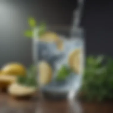 A glass of water surrounded by herbs and lemon for hydration