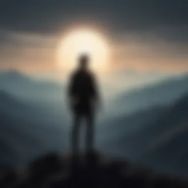 Eclipsing Doubt: Reaching New Heights Silhouette of a person standing confidently on top of a mountain
