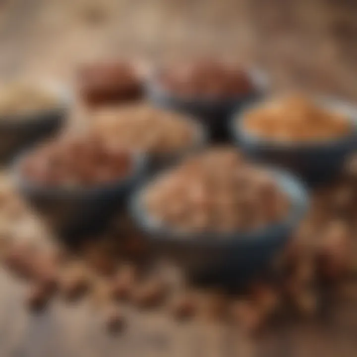 Various nuts and seeds in small bowls on a table