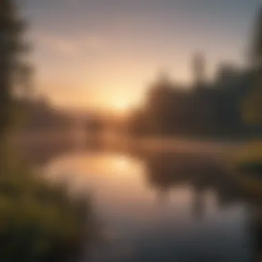 A serene nature scene of a tranquil lake at sunrise