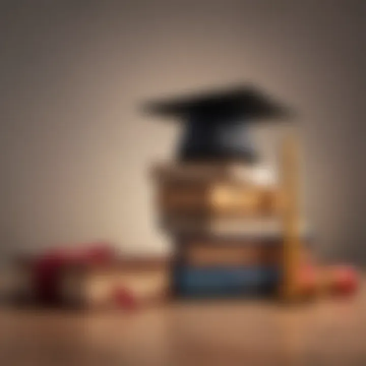 Desk with a stack of books and a graduation cap