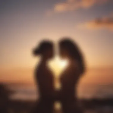 Silhouette of couple embracing at sunrise