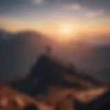 Silhouette of a person standing on a mountain peak at sunrise
