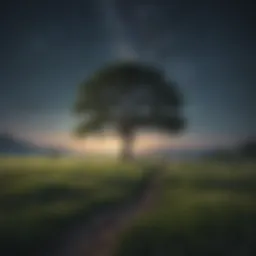 Illustration depicting a serene meadow with a lone tree under a starlit sky