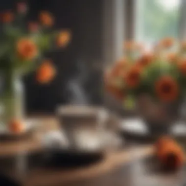 A cup of steaming coffee accompanied by fresh flowers on a table