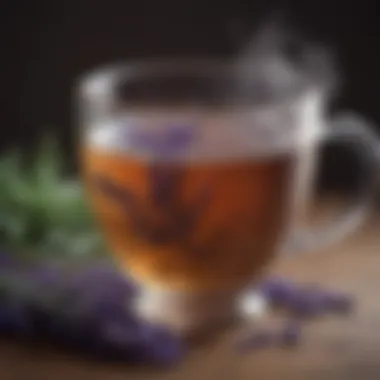 Steaming cup of herbal tea with lavender accents