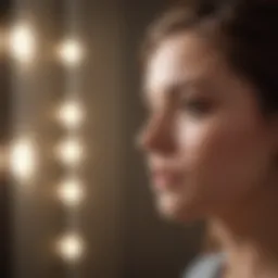 A person reflecting in front of a mirror with a thoughtful expression