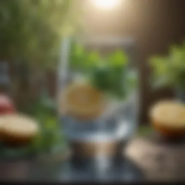 Hydration and Its Role in Digestive Wellness A glass of water surrounded by fresh herbs and fruits, emphasizing hydration