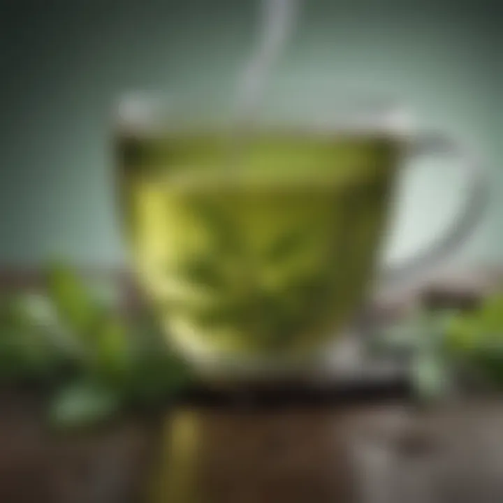 A steaming cup of green tea with fresh leaves