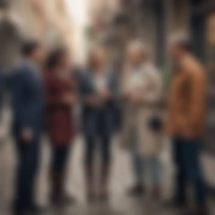 A diverse group of individuals exchanging morning greetings in a vibrant urban setting.