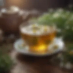 A serene cup of chamomile tea surrounded by calming herbs.