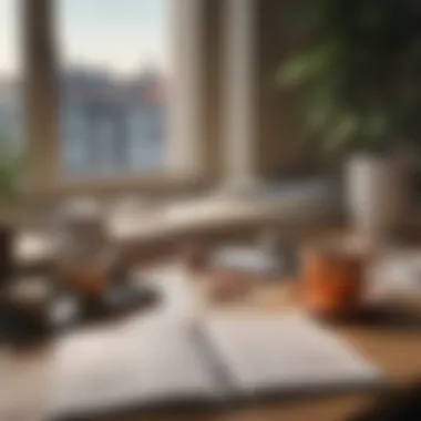 A serene workspace with a time tracking journal open and a cup of tea beside it.