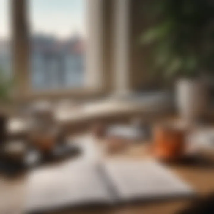 A serene workspace with a time tracking journal open and a cup of tea beside it.