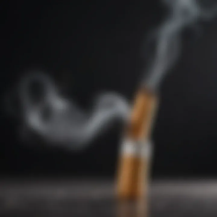 A close-up view of a cigarette with smoke swirling around it