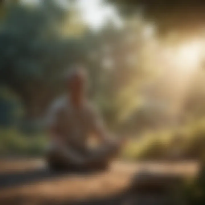 A serene morning scene with a person meditating outdoors